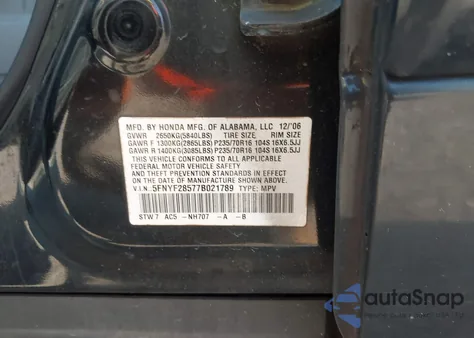 2007 Honda Pilot Ex-L from USA, damaged, VIN 5FNYF28577B021789